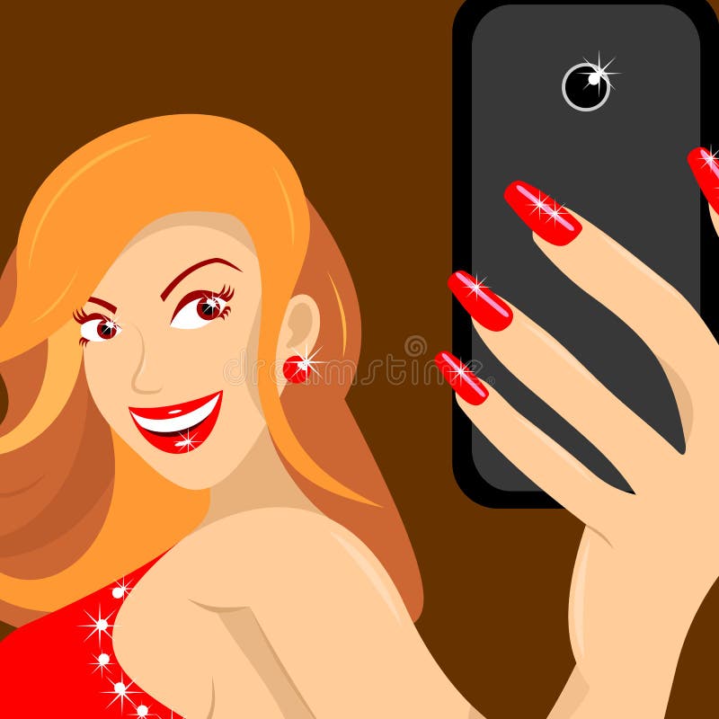 La mujer en vestido rojo hace a uno mismo en cierre marrón del fondo para arriba ilustración del vector La mujer en vestido rojo hace a uno mismo en cierre marrón del fondo para arriba ilustración del vector