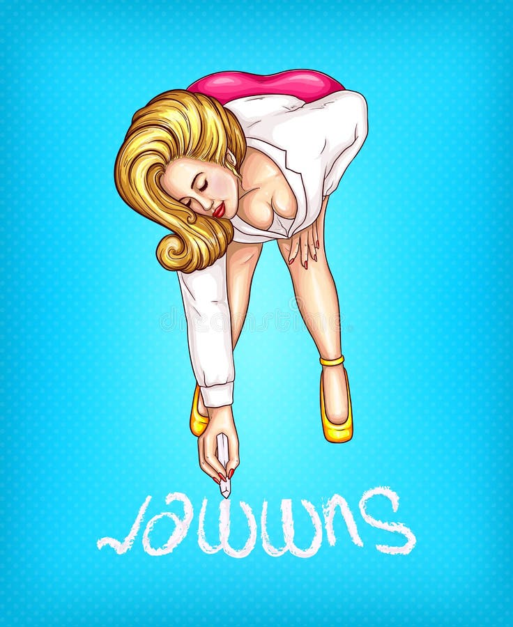 Vector blonde overweight woman in white blouse, pink skirt writes with chalk - summer. Pop art plus size model on blue background. Concept for season advertising, promo. Vector blonde overweight woman in white blouse, pink skirt writes with chalk - summer. Pop art plus size model on blue background. Concept for season advertising, promo.