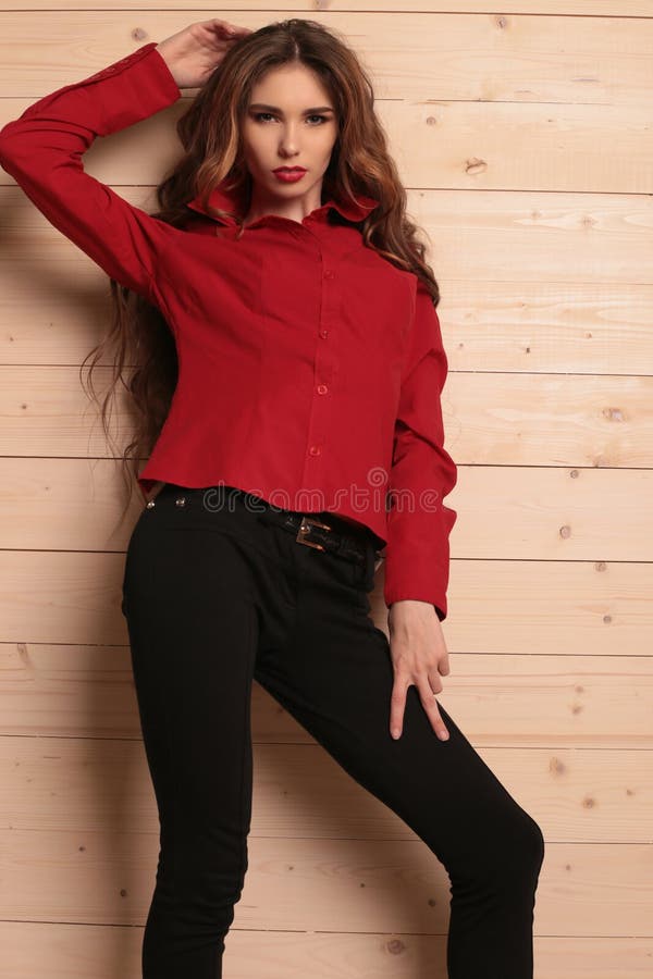 La Mujer Hermosa Con El Pelo Rizado Oscuro Lleva La Camisa Roja Elegante,  Imagen de archivo - Imagen de lindo, piel: 64420821