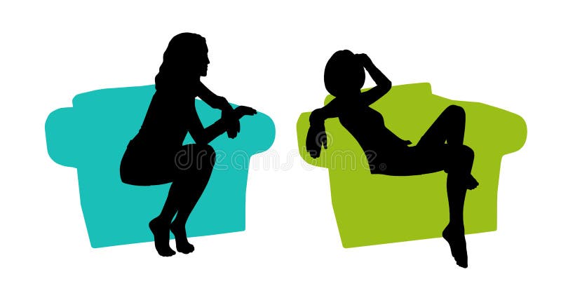 Black silhouettes of a young beautiful relaxed woman seated in a lounge colored armchair. Black silhouettes of a young beautiful relaxed woman seated in a lounge colored armchair