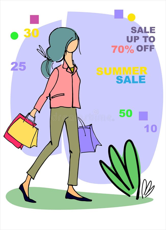 La mujer joven con los bolsos de compras da el ejemplo exhausto del vector con las muestras multicoloras de la venta en la parte ilustración del vector La mujer joven con los bolsos de compras da el ejemplo exhausto del vector con las muestras multicoloras de la venta en la parte ilustración del vector