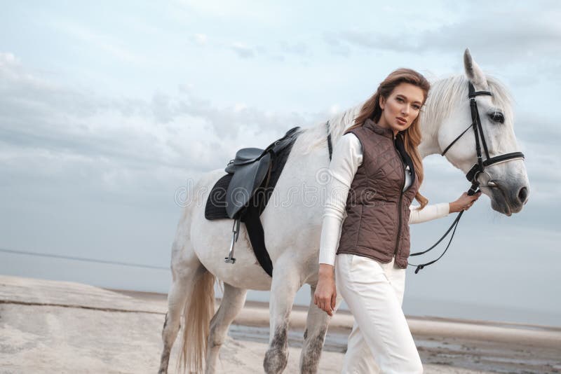 La mujer joven encantadora y hermosa que lleva el equipo elegante del jinete está sosteniendo las rienda y está presentando con e imágenes de archivo libres de regalías La mujer joven encantadora y hermosa que lleva el equipo elegante del jinete está sosteniendo las rienda y está presentando con e imágenes de archivo libres de regalías