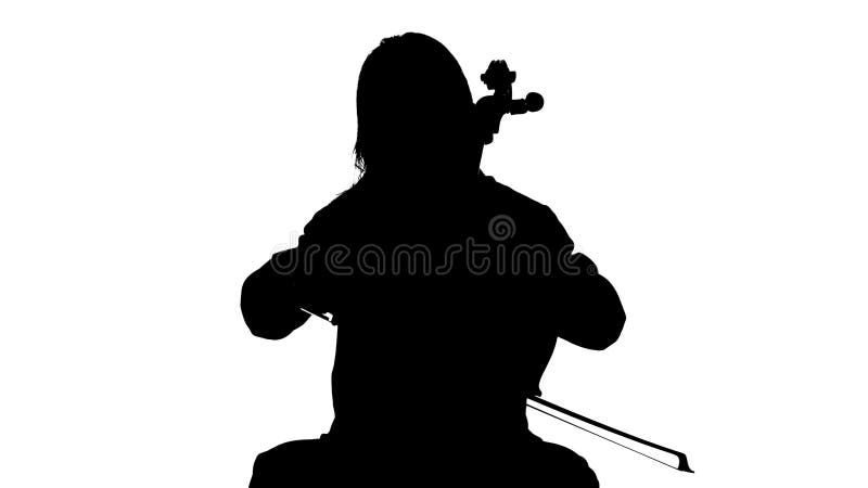 La mujer juega la música del violoncelo en el estudio blanco Fondo blanco Silueta