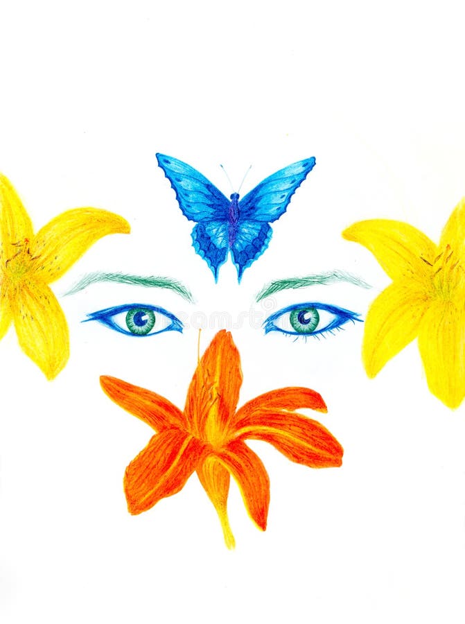 La Mujer Observa Con La Flor Y La Mariposa, Dibujo De Lápiz Del Color,  Contacto Visual Stock de ilustración - Ilustración de mariposa, arte:  69348575