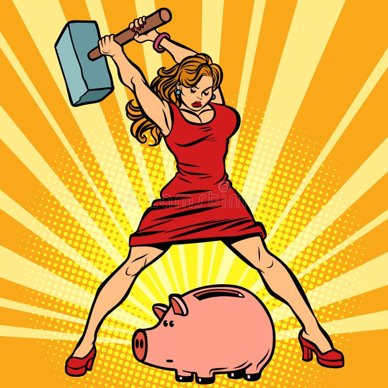 La mujer rompe la hucha Finanzas, economía y consumo ilustración del vector La mujer rompe la hucha Finanzas, economía y consumo ilustración del vector