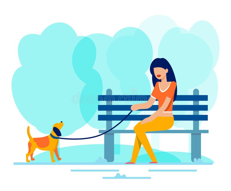 La mujer se sienta en banco a lo largo del perro que camina en parque libre illustration La mujer se sienta en banco a lo largo del perro que camina en parque libre illustration