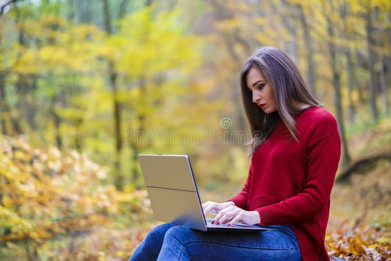 la mujer se sienta en parque del otoño con el ordenador portátil fotos de archivo la mujer se sienta en parque del otoño con el ordenador portátil fotos de archivo