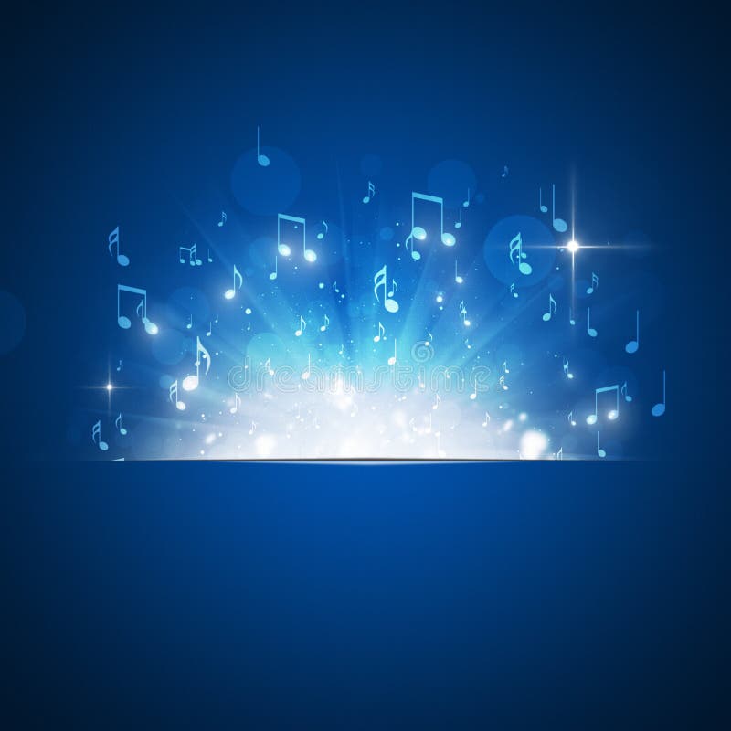 Music notes explosion with lights and bokeh blue background. Music notes explosion with lights and bokeh blue background