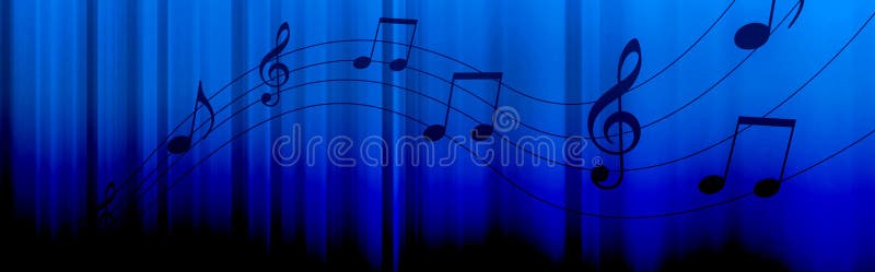 Black Music notes and symbols on a dark blue background. Black Music notes and symbols on a dark blue background