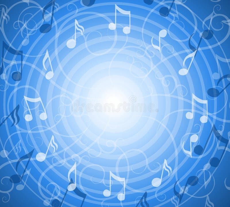 A background illustration featuring a collage of music notes, swirls and radial circular lines coming from a glowing center in blue and white. A background illustration featuring a collage of music notes, swirls and radial circular lines coming from a glowing center in blue and white