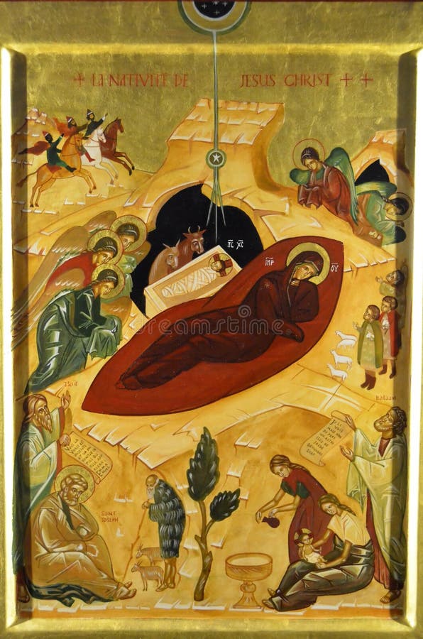 Nativity scene painted on gold leaf, with the virgin Mary in the centre and other named characters around. Nativity scene painted on gold leaf, with the virgin Mary in the centre and other named characters around