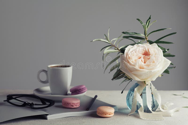 La natura morta di mattina con l'annata è aumentato in un vaso, in un caffè e nei macarons su una tavola leggera Bella e prima co immagini stock libere da diritti La natura morta di mattina con l'annata è aumentato in un vaso, in un caffè e nei macarons su una tavola leggera Bella e prima co immagini stock libere da diritti