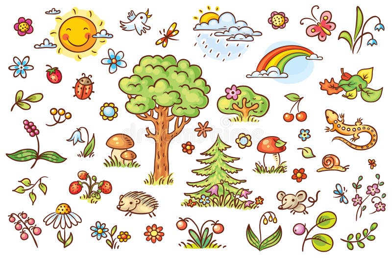 La nature de bande dessinée a placé avec des arbres, des fleurs, des baies et de petits animaux de forêt