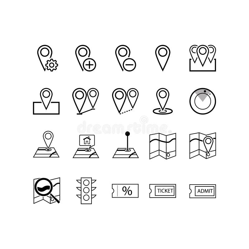 La navegación, la dirección, los mapas, el tráfico y más, línea fina iconos fijan, vector el ejemplo ilustración del vector La navegación, la dirección, los mapas, el tráfico y más, línea fina iconos fijan, vector el ejemplo ilustración del vector
