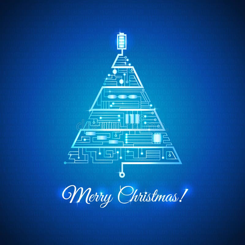 Greeting card with the Christmas tree in the form of the motherboard circuitry. Greeting card with the Christmas tree in the form of the motherboard circuitry