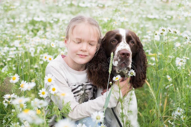 La niña abraza suavemente su perro en campo de la margarita Muchacha y perro del niño de la amistad Concepto: amor de animales fotos de archivo La niña abraza suavemente su perro en campo de la margarita Muchacha y perro del niño de la amistad Concepto: amor de animales fotos de archivo