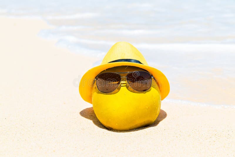 La noix de coco drôle dans les lunettes de soleil et le chapeau jaune se trouve sur un tropi arénacé photos stock La noix de coco drôle dans les lunettes de soleil et le chapeau jaune se trouve sur un tropi arénacé photos stock