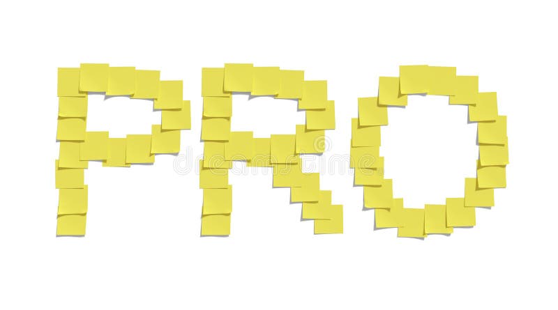 3D illustration of yellow memo notes illustrating the word PRO. It is isolated on a white background and includes a clipping path. 3D illustration of yellow memo notes illustrating the word PRO. It is isolated on a white background and includes a clipping path.