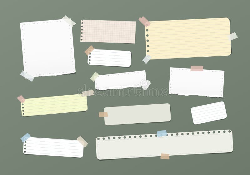La note vide et ordonnée déchirée, carnet, les bandes de papier communes a collé avec la bande collante colorée sur le fond vert illustration de vecteur La note vide et ordonnée déchirée, carnet, les bandes de papier communes a collé avec la bande collante colorée sur le fond vert illustration de vecteur
