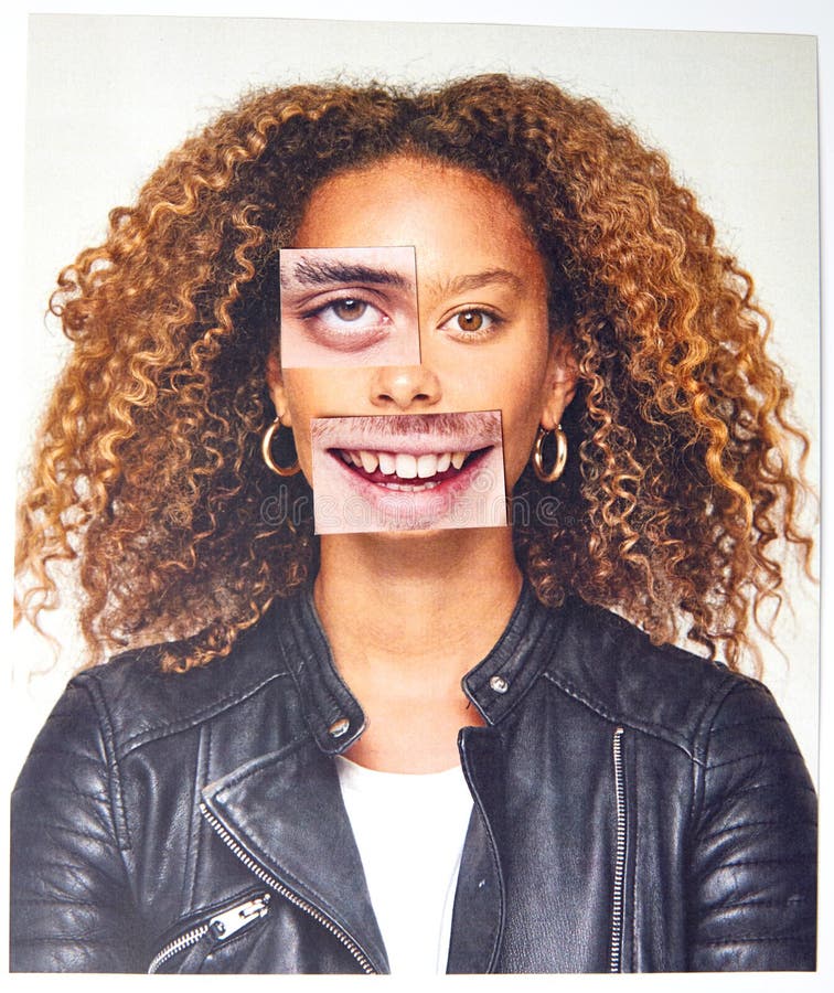 La notion d'identité sexuelle avec l'image composite à base de caractéristiques faciales masculines et féminines images stock