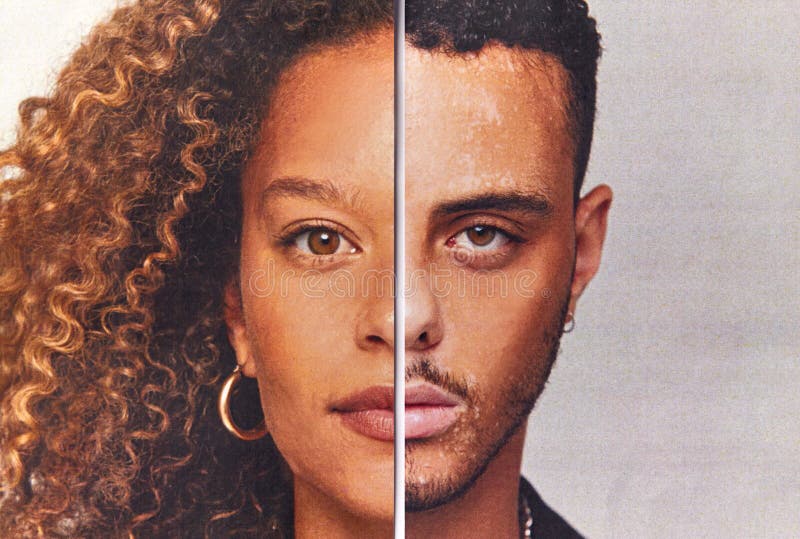 La notion d'identité sexuelle avec l'image composite à base de malé divisé en deux et les traits du visage femelles images libres de droits