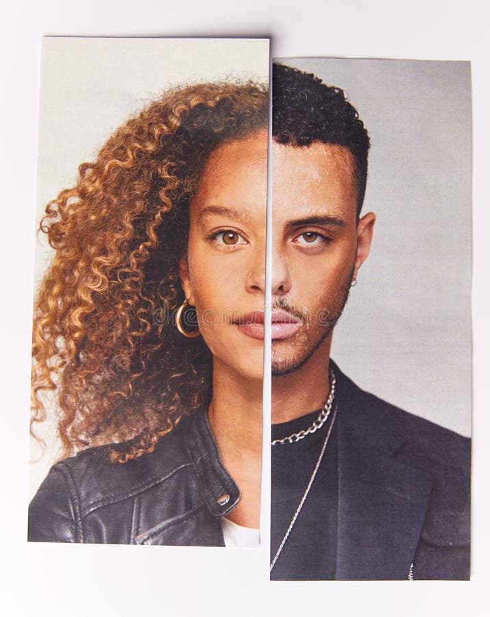 La notion d'identité sexuelle avec l'image composite à base de malé divisé en deux et les traits du visage femelles photos stock