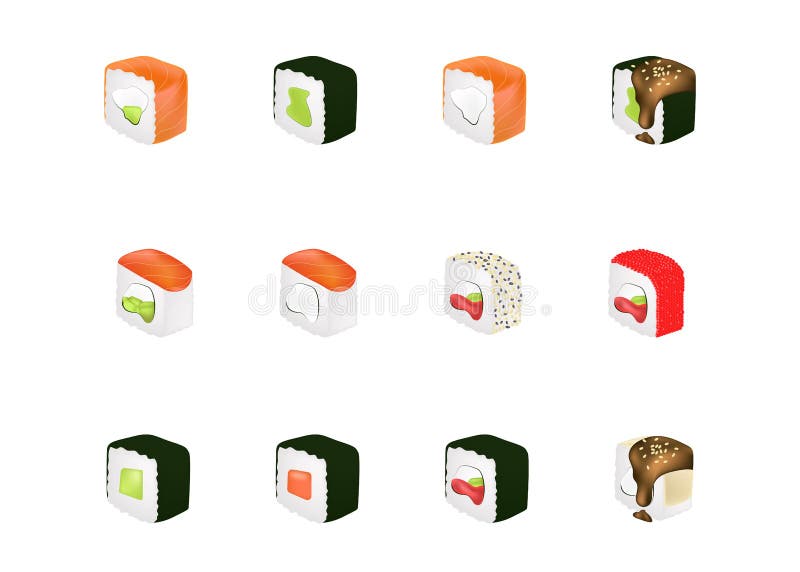 La nourriture réglée avec des sushi et des petits pains solated l'illustration de vecteur Concept réaliste illustration libre de droits La nourriture réglée avec des sushi et des petits pains solated l'illustration de vecteur Concept réaliste illustration libre de droits