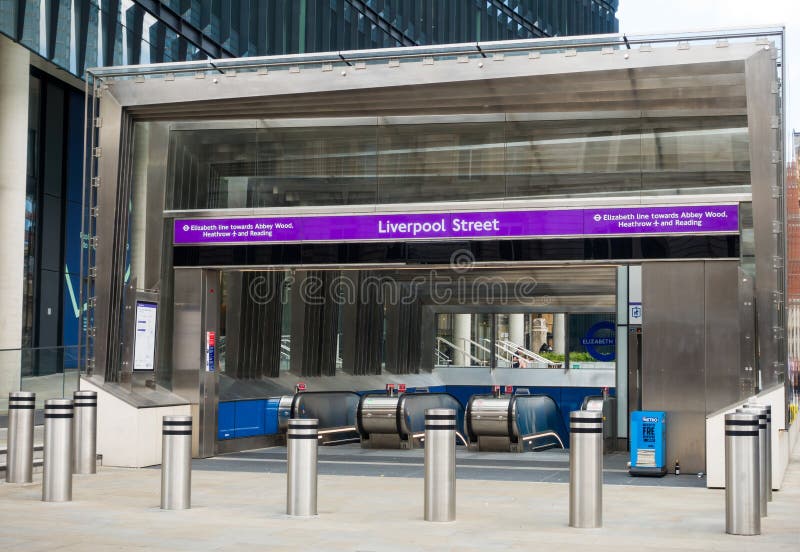 London, UK, June 2nd 2022: The new Elizabeth train line is open. The underground main outdoor entrance from Liverpool Street Station, Blomfield Street. Transport and Crossrail. London, UK, June 2nd 2022: The new Elizabeth train line is open. The underground main outdoor entrance from Liverpool Street Station, Blomfield Street. Transport and Crossrail.