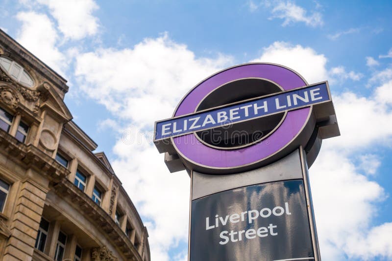 London, UK, June 2nd 2022: The new Elizabeth train line is open. The underground sign for the main outdoor entrance from Liverpool Street Station, Blomfield Street. Transport and Crossrail. London, UK, June 2nd 2022: The new Elizabeth train line is open. The underground sign for the main outdoor entrance from Liverpool Street Station, Blomfield Street. Transport and Crossrail.