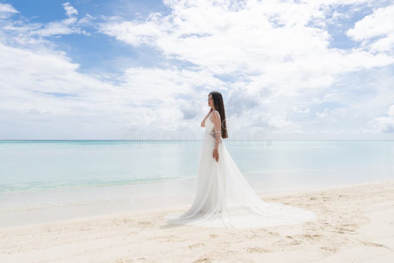 La novia perfecta Una novia joven en un vestido blanco se está colocando en una playa blanca como la nieve imágenes de archivo libres de regalías La novia perfecta Una novia joven en un vestido blanco se está colocando en una playa blanca como la nieve imágenes de archivo libres de regalías