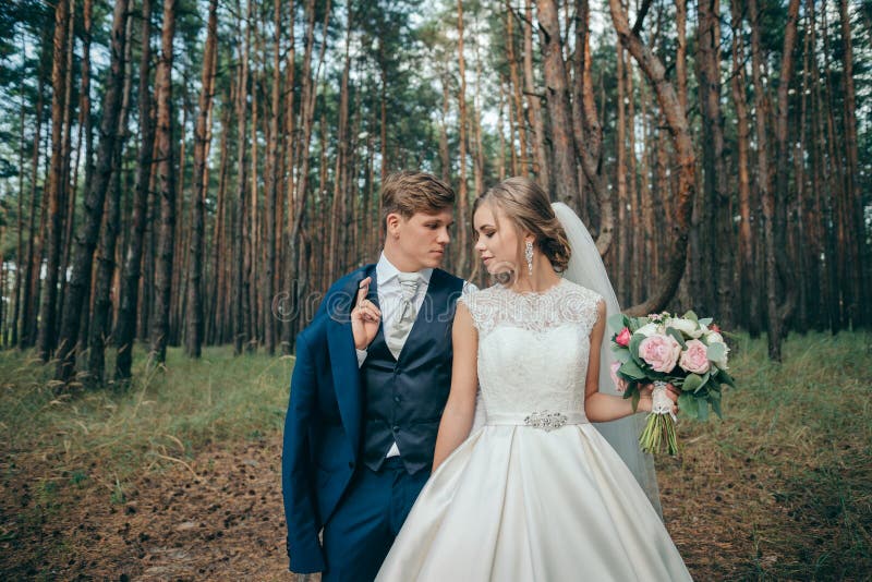 La novia y el novio en vestidos de boda en fondo natural Día de boda Los recienes casados están caminando a través del bosque imágenes de archivo libres de regalías La novia y el novio en vestidos de boda en fondo natural Día de boda Los recienes casados están caminando a través del bosque imágenes de archivo libres de regalías