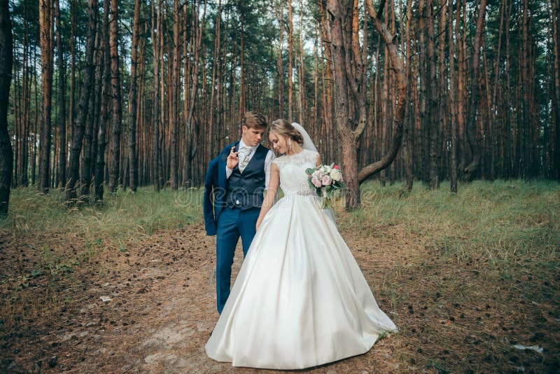 La novia y el novio en vestidos de boda en fondo natural Día de boda Los recienes casados están caminando a través del bosque fotos de archivo La novia y el novio en vestidos de boda en fondo natural Día de boda Los recienes casados están caminando a través del bosque fotos de archivo