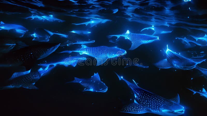 La nuit tombée, l'océan devient une toile pour un spectacle de lumière spectaculaire. les écoles de plancton bioluminescent créent illustration de vecteur