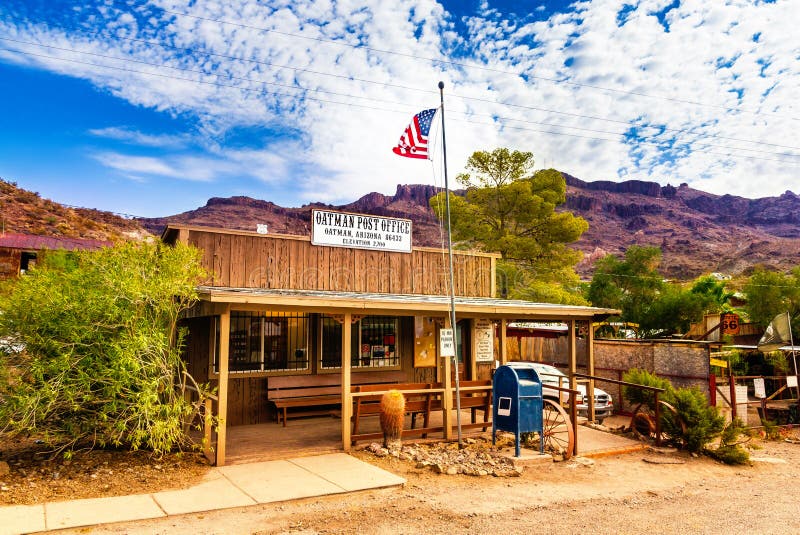 Oatman Historic US Post Office in Oatman, Arizona, United States. The colorful picture shows the post office located at famous Highway Route 66 in front of the black mountains. Oatman Historic US Post Office in Oatman, Arizona, United States. The colorful picture shows the post office located at famous Highway Route 66 in front of the black mountains.