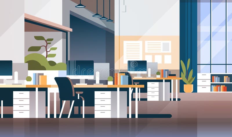 La oficina moderna del sitio del gabinete del lugar de trabajo interior no vacia a nadie espacio coworking completamente horizont libre illustration La oficina moderna del sitio del gabinete del lugar de trabajo interior no vacia a nadie espacio coworking completamente horizont libre illustration