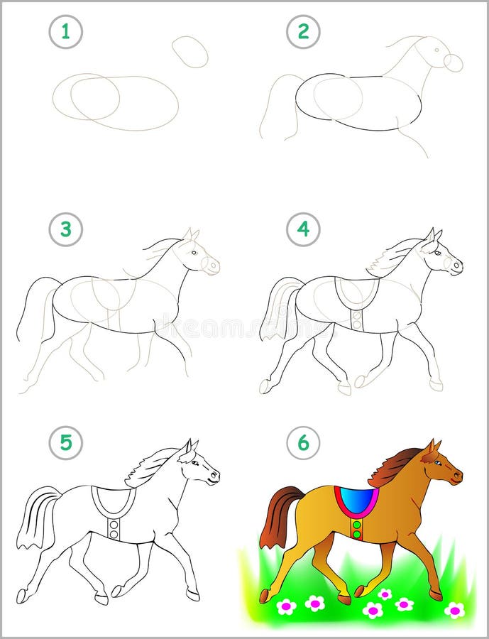 La Página Muestra Cómo Aprender Paso a Paso Dibujar Un Caballo Ilustración  del Vector - Ilustración de forma, caballo: 74350782