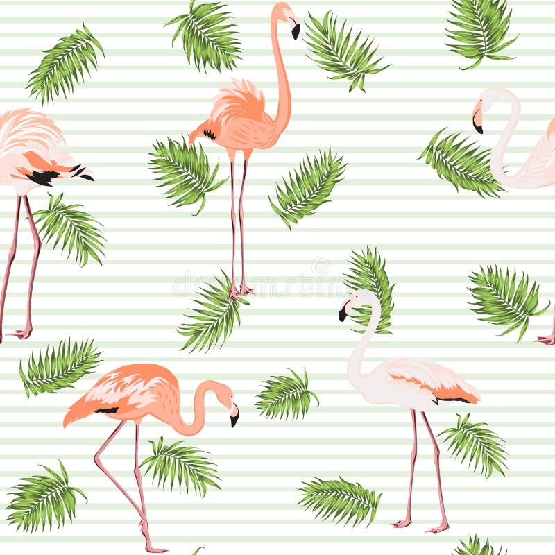 La palma lascia a fenicotteri rosa le bande del modello illustrazione di stock La palma lascia a fenicotteri rosa le bande del modello illustrazione di stock