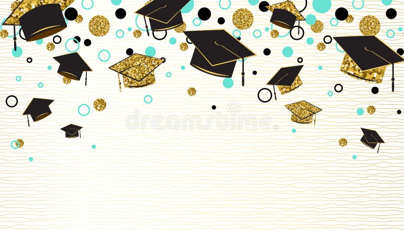 La parola di graduazione con il cappuccio laureato, il nero e l'oro colorano, brillano punti su un fondo bianco Laureati di congr illustrazione vettoriale La parola di graduazione con il cappuccio laureato, il nero e l'oro colorano, brillano punti su un fondo bianco Laureati di congr illustrazione vettoriale