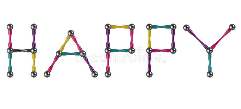 La parola FELICE dei bastoni e delle palle colorati, elementi multicolori del costruttore magnetico rappresentazione 3d