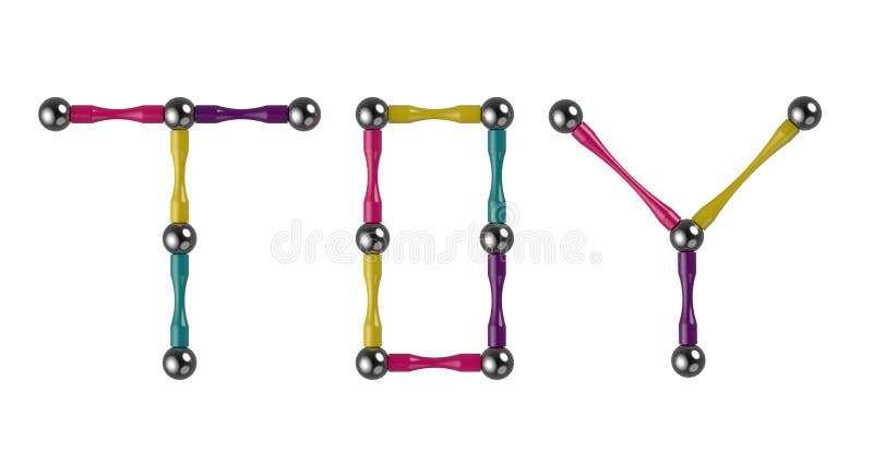 La parola GIOCATTOLO dei bastoni e delle palle colorati, elementi multicolori del costruttore magnetico rappresentazione 3d