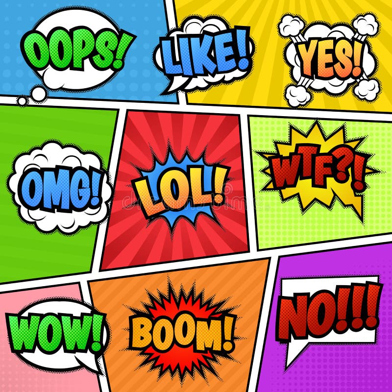 Set of nine different, colorful stickers at colorful comic strip background.. Pop art speech bubbles with LOL, LIKE, BOOM, WOW, WTF, NO, OMG, OOPS, YES. Isolated vector eps 10. Set of nine different, colorful stickers at colorful comic strip background.. Pop art speech bubbles with LOL, LIKE, BOOM, WOW, WTF, NO, OMG, OOPS, YES. Isolated vector eps 10