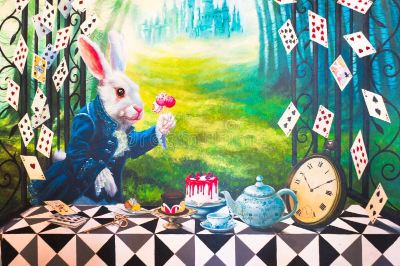 Bangkok, Thailand - August 12, 2015 : A photo of Alice`s Adventures in Wonderland theme wall painting replica from `A Mad Tea-Party` scene. A famous novel, by an English author Lewis Carroll, was reproduced as movies. Editorial use only. Bangkok, Thailand - August 12, 2015 : A photo of Alice`s Adventures in Wonderland theme wall painting replica from `A Mad Tea-Party` scene. A famous novel, by an English author Lewis Carroll, was reproduced as movies. Editorial use only.