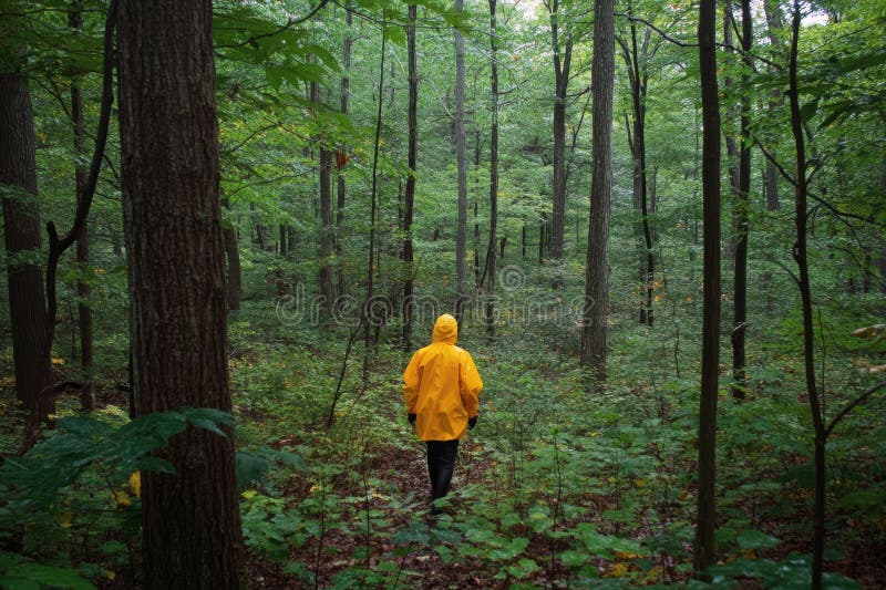 La pelouse jaune vif contraste avec la forêt verte luxuriante lors d'une randonnée dans la nature. Un individu solitaire vêtu d'un imperméable jaune vif marche à travers une forêt verte dense. L'atmosphère est humide et vibrante et met en valeur la beauté de la nature sous la pluie. IA générée par l'IA