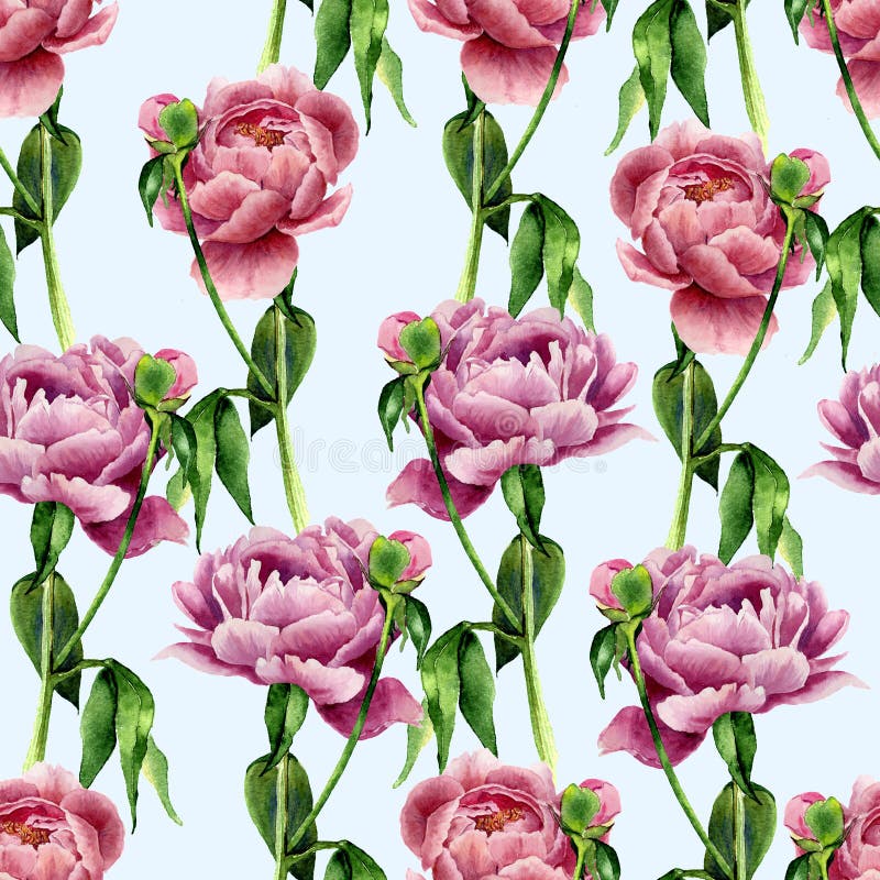 La peonía de la acuarela florece el modelo inconsútil en fondo azul Textura floral para el diseño, la materia textil y el fondo I stock de ilustración La peonía de la acuarela florece el modelo inconsútil en fondo azul Textura floral para el diseño, la materia textil y el fondo I stock de ilustración