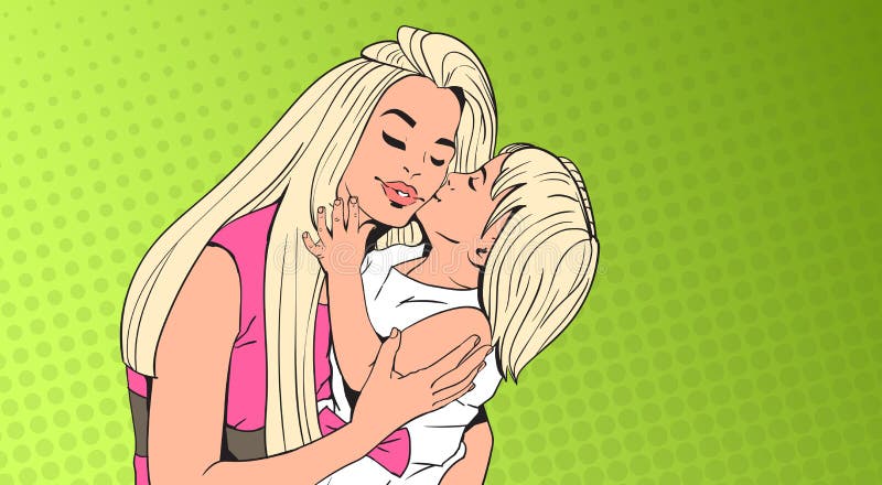 La pequeña muchacha besa a la mujer, madre con la hija sobre el estallido Art Retro Pin Up Background