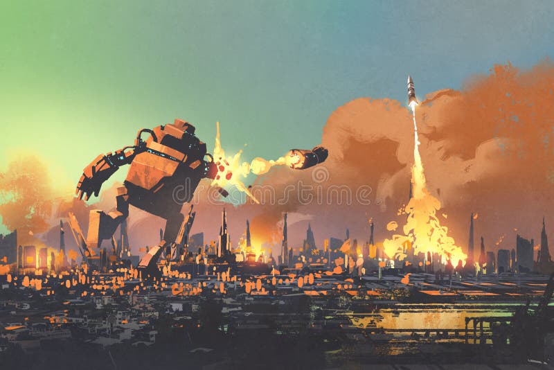 La perforazione di lancio del razzo del robot gigante distrugge la città