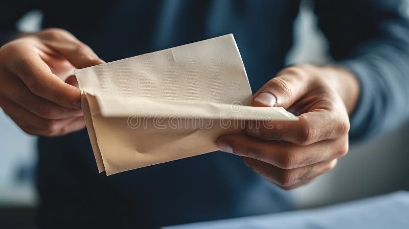 La persona tiene in mano una busta per la votazione mentre si prepara ad aprirla. scene trasmette un senso di anticipazione e di i illustrazione di stock