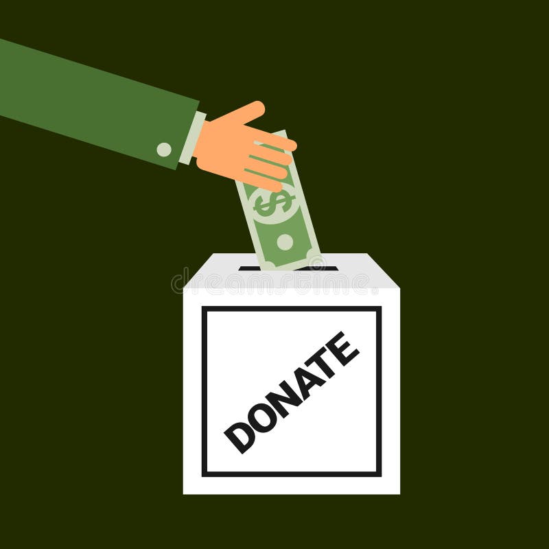 La personne avec la main caucasienne est gifting et donnante le billet de banque du dollar US dans la boîte de donation illustration stock La personne avec la main caucasienne est gifting et donnante le billet de banque du dollar US dans la boîte de donation illustration stock