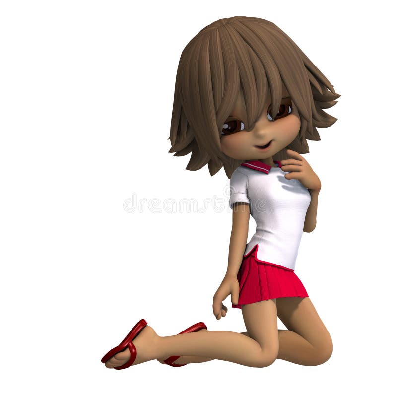 Cute little cartoon school girl has a lot of fun. 3D rendering with clipping path and shadow over white. Cute little cartoon school girl has a lot of fun. 3D rendering with clipping path and shadow over white