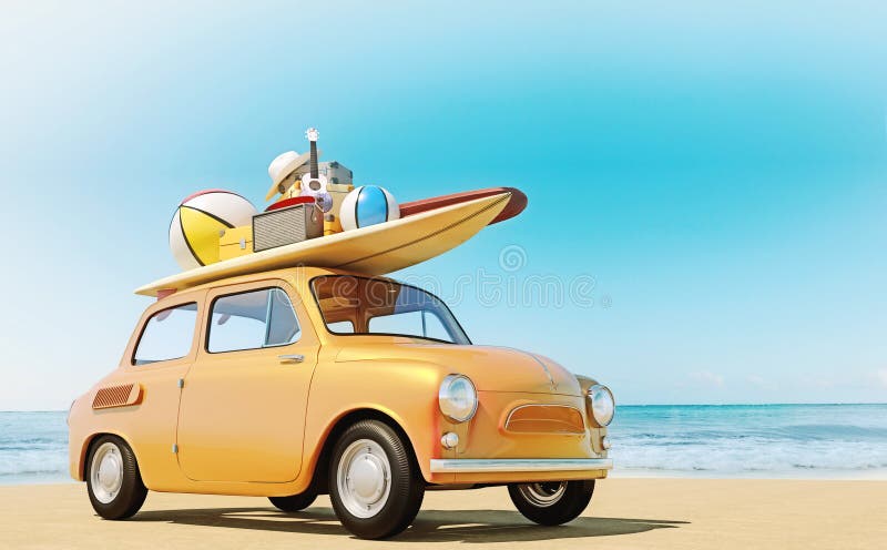 La piccola retro automobile con l'attrezzatura del bagaglio, dei bagagli e della spiaggia sul tetto, completamente imballato, asp